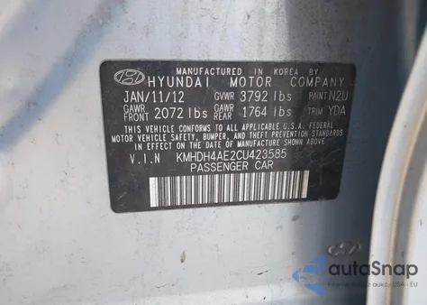 2012 Hyundai Elantra Gls (Ulsan Plant) z USA, uszkodzony, nr VIN KMHDH4AE2CU423585